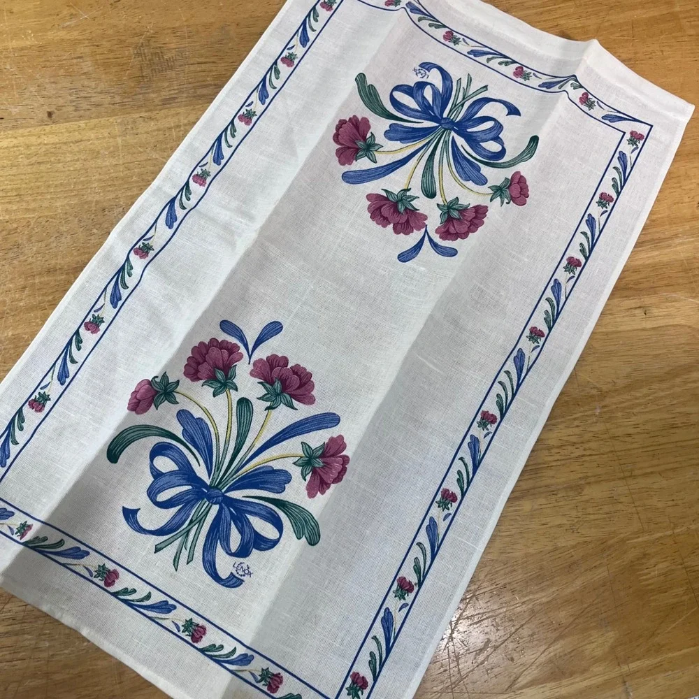 Vtg Lenox Floral Bouquet Blue Bow White Linen Hand Tea Towel 16x25